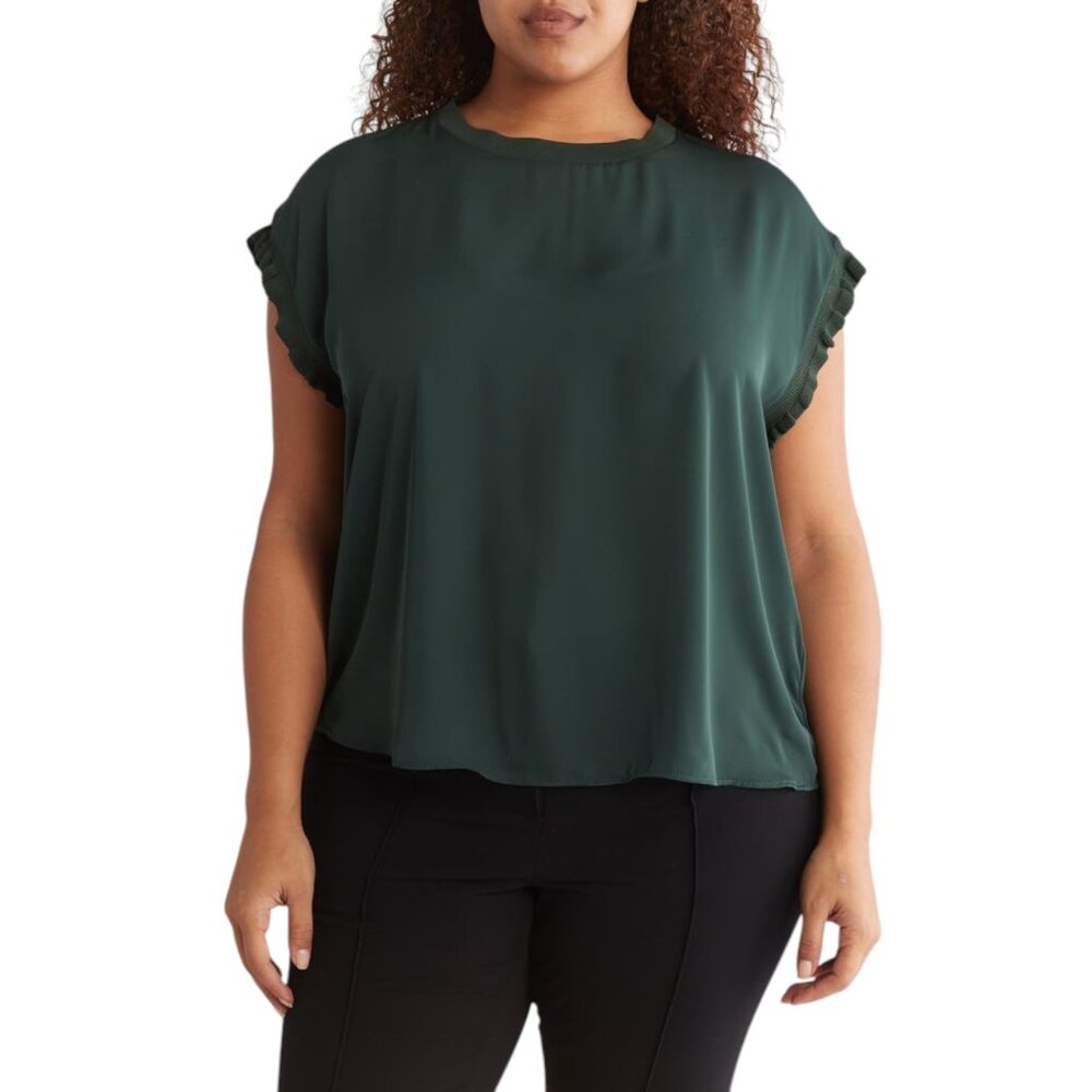 T TAHARI Women's EUC Ruffle Cap Sleeve Top Jungle Green | Size L